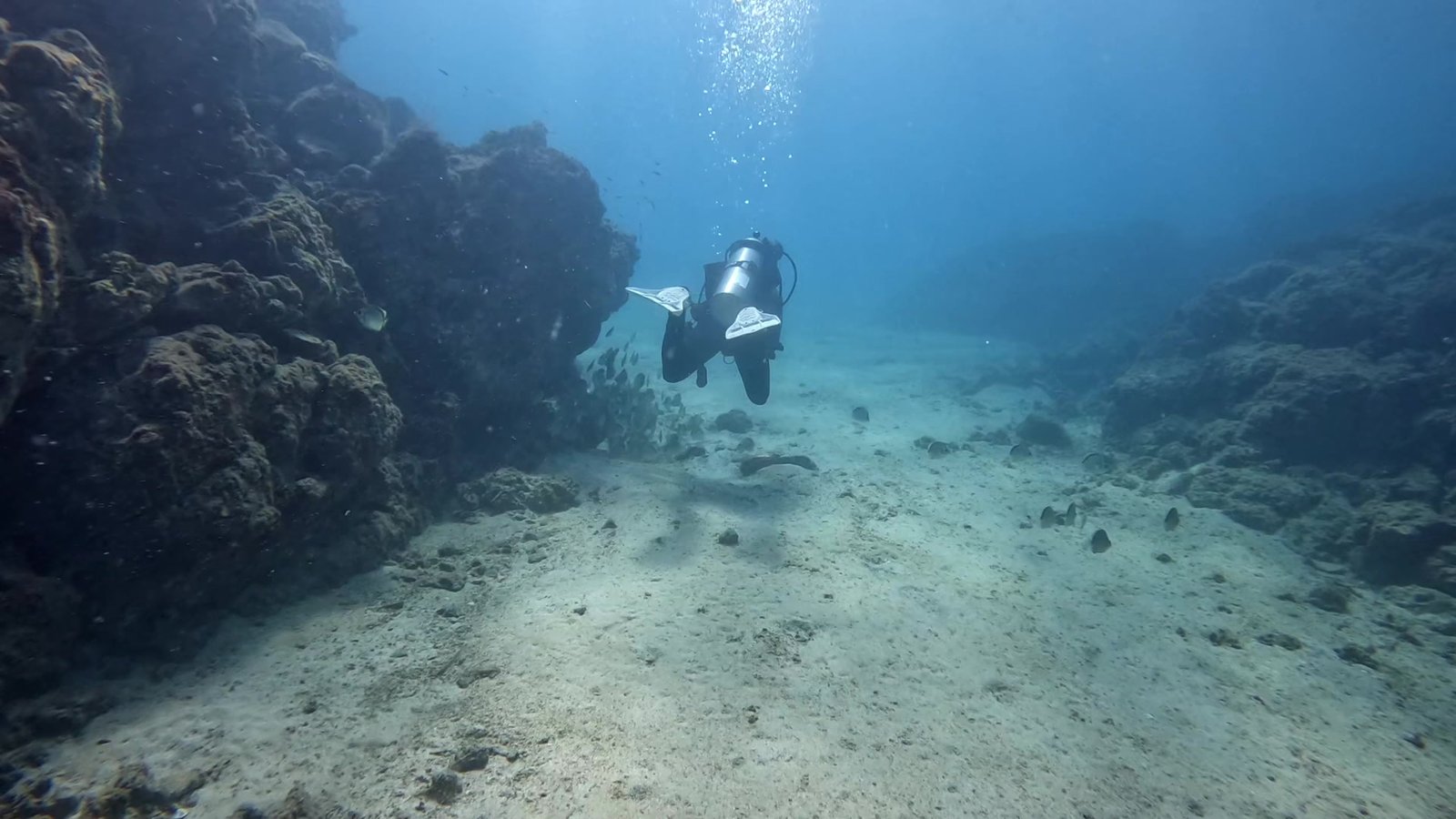 Scuba diver swimming through a rocky underwater passage with sunlight filtering from above, featured in the blog post ‘PADI Certifications, Why Get your Scuba diving PADI license in Costa Rica?’